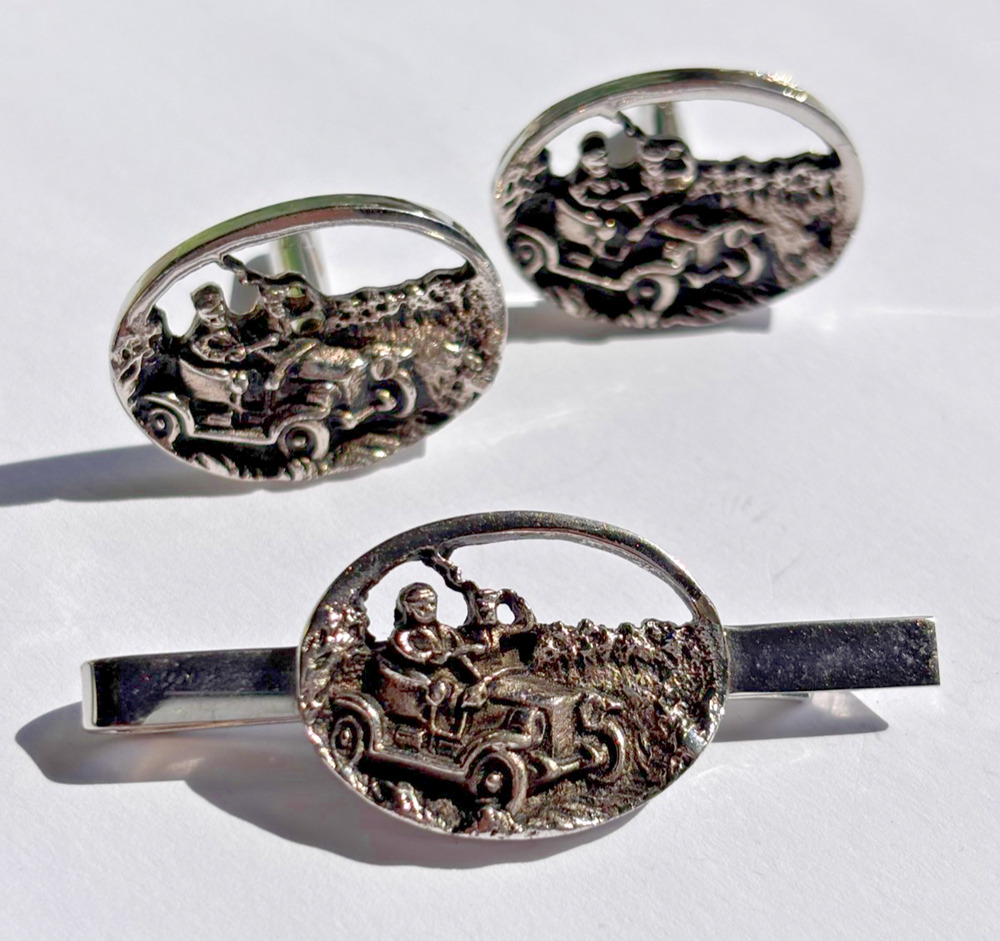 Vintage Cufflinks Tie Clip Set Antique Car Silver Tone Brass Era Novelty 3pc
